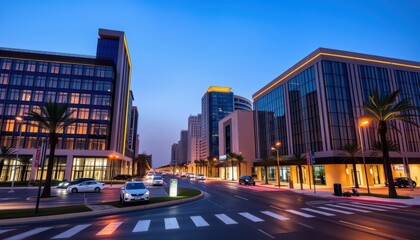 Modern city district at dusk with palm-lined streets and sleek office buildings. Perfect for urban planning, architecture, and evening cityscape photography.