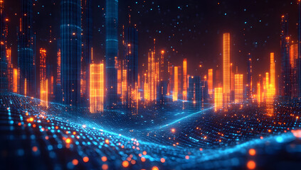 Vibrant abstract digital landscape showcasing glowing skyscrapers and luminous waves, embodying a futuristic cityscape.