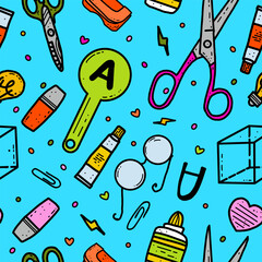 Vector seamless pattern returns to school on blue background . Glasses, marker, cube, glue, scissors. Background for poster, design, banner