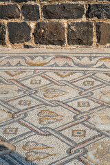 Beautiful mosaic floor in the ruins of the Byzantine church at Kursi (Gerassa) National Park near the Sea of Galilee in Israel.
