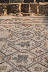 Beautiful mosaic floor in the ruins of the Byzantine church at Kursi (Gerassa) National Park near the Sea of Galilee in Israel.
