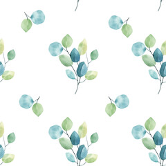 Seamless Pattern with Eucalyptus Leaves. Watercolor of eucalyptus leaves on a white background.