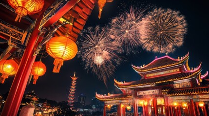 Fototapeta premium Fireworks on 2025 Chinese New Year, year of the Snake. Chinese zodiac, red background
