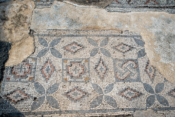 Beautiful mosaic floor in the ruins of the Byzantine church at Kursi (Gerassa) National Park near the Sea of Galilee in Israel.
