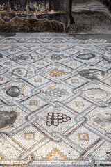 Beautiful mosaic floor in the ruins of the Byzantine church at Kursi (Gerassa) National Park near the Sea of Galilee in Israel.
