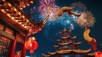 Fireworks on 2025 Chinese New Year, year of the Snake. Chinese zodiac, red background