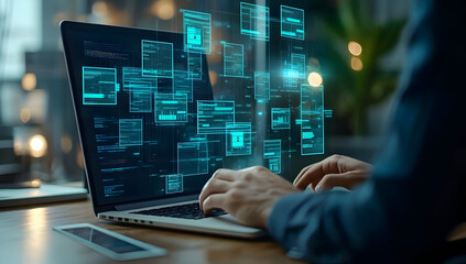Close-up of hands typing on a laptop with digital data overlays, showcasing technology and innovation in modern workspaces.