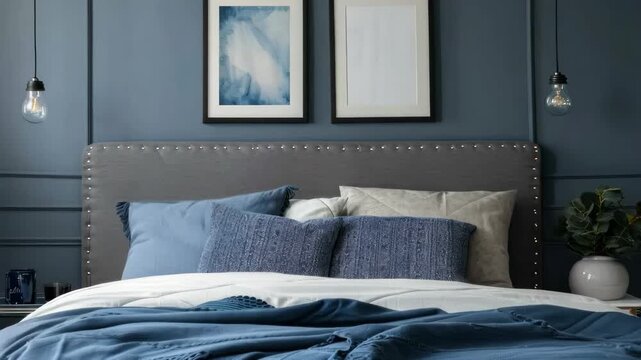 Modern bedroom interior close up on the wall above the bed with a poster frame mockup.