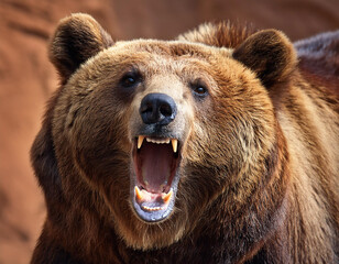 Obraz premium Close-up portrait of a roaring brown bear
