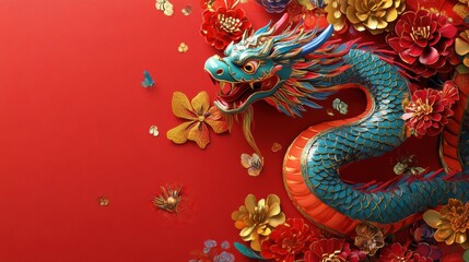 Fototapeta premium Statue of a snake and Chinese lanterns. Celebration of the Chinese New Year, 2025 year of the Snake