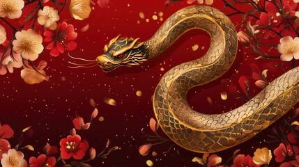 Obraz premium Statue of a snake and Chinese lanterns. Celebration of the Chinese New Year, 2025 year of the Snake