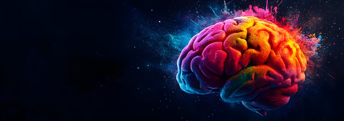 Fototapeta premium Vibrant and colorful brain illustration with abstract effects, symbolizing creativity and intelligence against a dark background.