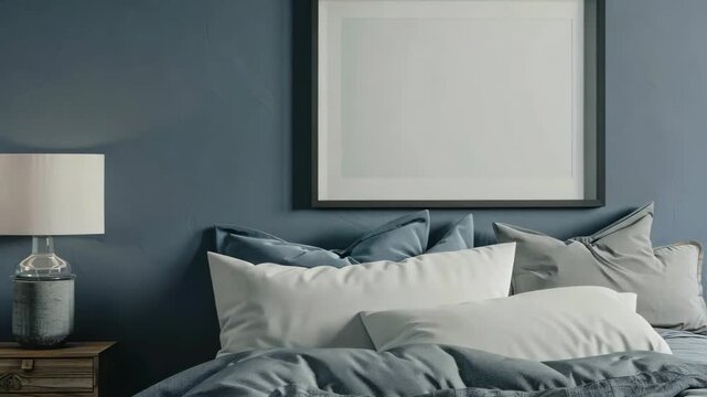 Modern bedroom interior close up on the wall above the bed with a poster frame mockup.
