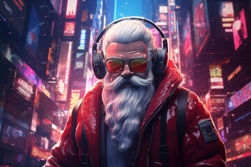 Futuristic Santa: Cyberpunk Claus with Neon Headphones in Holographic Cityscape