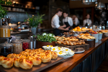 A delicious display of pastries and breakfast items on a wooden table in a cozy cafe setting, perfect for culinary lovers.