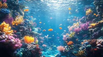 Bright and Colorful Underwater World with Playful Sea Creatures and Lush Coral Reefs