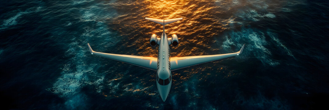 Aerial view of a modern aircraft flying over a sparkling ocean at sunset, capturing tranquility and adventure in a stunning scene.