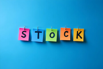 Obraz premium Colorful sticky notes spelling out 'STOCK' against a vibrant blue background, perfect for business and marketing themes.