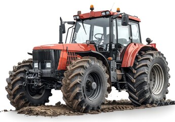 Powerful Red Tractor on a White Background