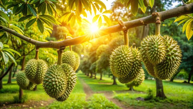 Ripe durian fruits hang from trees in a lush tropical farm, surrounded by vibrant green leaves and warm sunlight filtering through the orchard atmosphere.