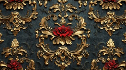 Ornate Baroque Gold Embellishments with Red Accents on Dark Background