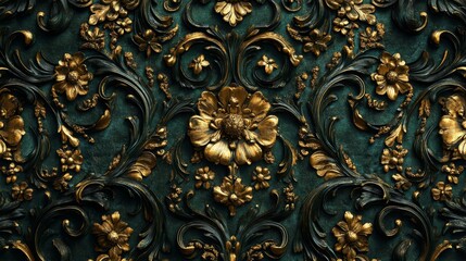 Elegant Baroque Gold and Green Ornate Pattern Wallpaper