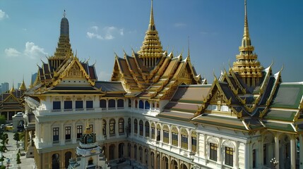 Fototapeta premium Majestic Golden Spires and Ornate Details of the Grand Palace in Bustling Bangkok Thailand