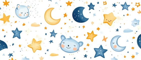 Enchanting Celestial Pattern with Stars, Moons, and Sleeping Animals in a Dreamy Night Sky
