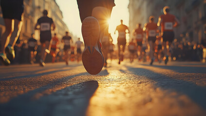 A dynamic scene of runners participating in a marathon during sunset, showcasing determination and athleticism on an urban street.