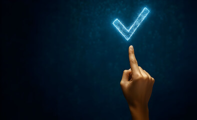 A hand pointing at a glowing checkmark on a dark background, symbolizing approval or completion.