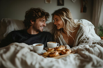 Cozy couple enjoying breakfast in bed with coffee and pastries, sharing laughter and love in a warm, intimate setting.