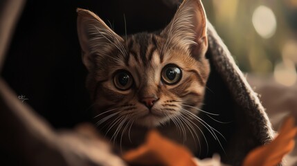 "A charming real-life photograph of a cat showcasing its playful and curious nature, with natural lighting that highlights its elegant fur and expressive eyes
