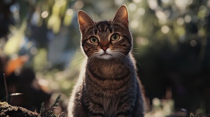 "A charming real-life photograph of a cat showcasing its playful and curious nature, with natural lighting that highlights its elegant fur and expressive eyes