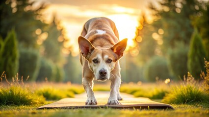 Serene and strong, a solitary dog pose in downward-facing dog yoga, paws grounded, back straight, and ears perked, amidst a peaceful natural surroundings backdrop.