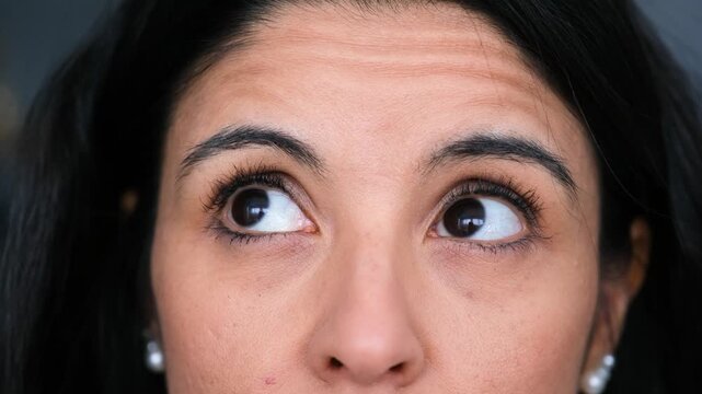 Close up of woman's eyes looking everywhere with fear. Concept of horror, panic, anxiety, nervousness