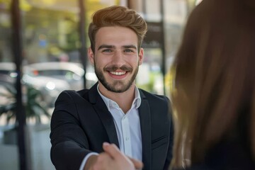 Fototapeta premium Business, partnership and people concept - close up of two businessmen shaking hands. Beautiful simple AI generated image in 4K, unique.