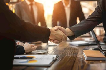 close-up handshake between an executive and a partner in a corporate office
. Beautiful simple AI generated image in 4K, unique.