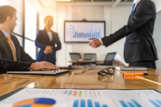 Close-up of businessmen's handshake, part of a business meeting. Beautiful simple AI generated image in 4K, unique.