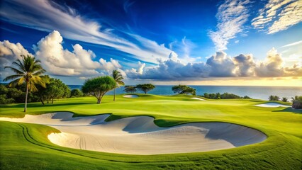 Serenely manicured green grass surrounds a well-groomed golf course hole, complete with a pristine white sand trap and a sunny blue sky backdrop.
