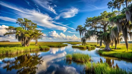 Fototapeta premium Serene marshlands stretch towards the horizon under a vibrant blue sky, with twisted cypress trees and wispy Spanish moss framing the tranquil Lowcountry landscape.