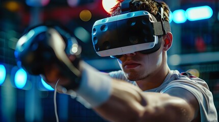 Professional Athlete Using VR Headset for Interactive Sports Simulation Training