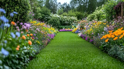 Obraz premium Vibrant Garden Pathway Flanked by Colorful Flowers