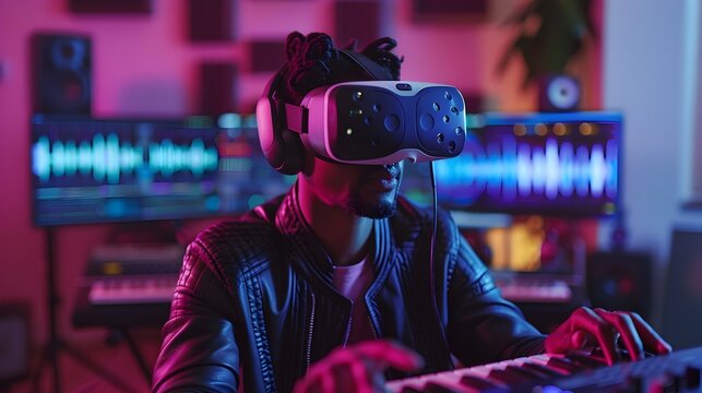 Music Producer Using VR Headset for Interactive Virtual Studio Track Mixing and Creation - Powered by Adobe