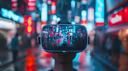 Immersive Virtual Reality Overlay in Futuristic City Skyline at Night