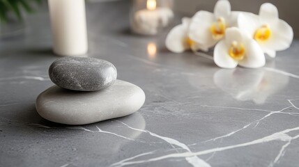 Fototapeta premium Tranquil Spa Atmosphere with Towel, Stones, and Greenery