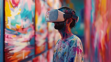 Obraz premium Using VR Headset to Create Vibrant 3D Digital Art in Creative Studio