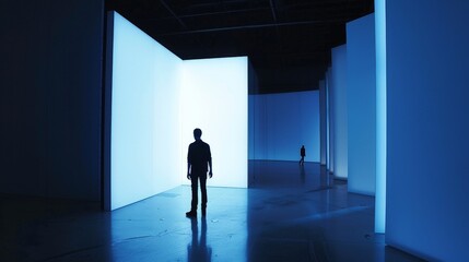 Silhouette of a man standing in a blue room with a glowing doorway.