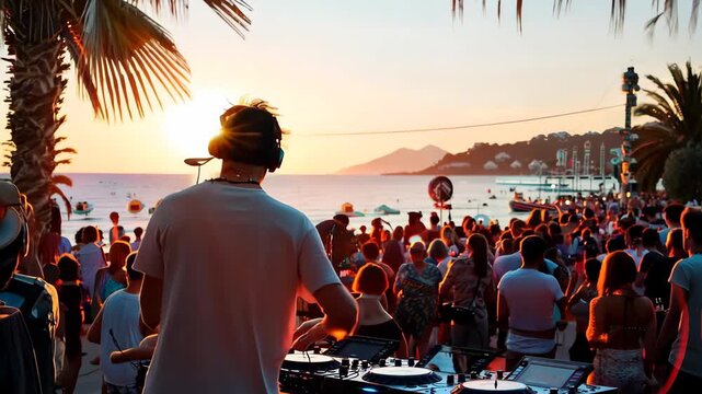 DJ playing music in front of crowd at sunset at a sea view party venue.