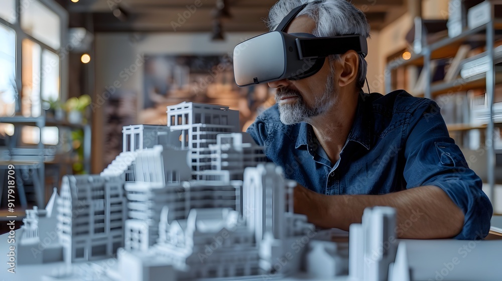 Poster architect using vr headset for interactive 3d building design and architectural visualization