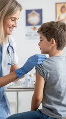 Nurse administering vaccine to young boy in clinic.